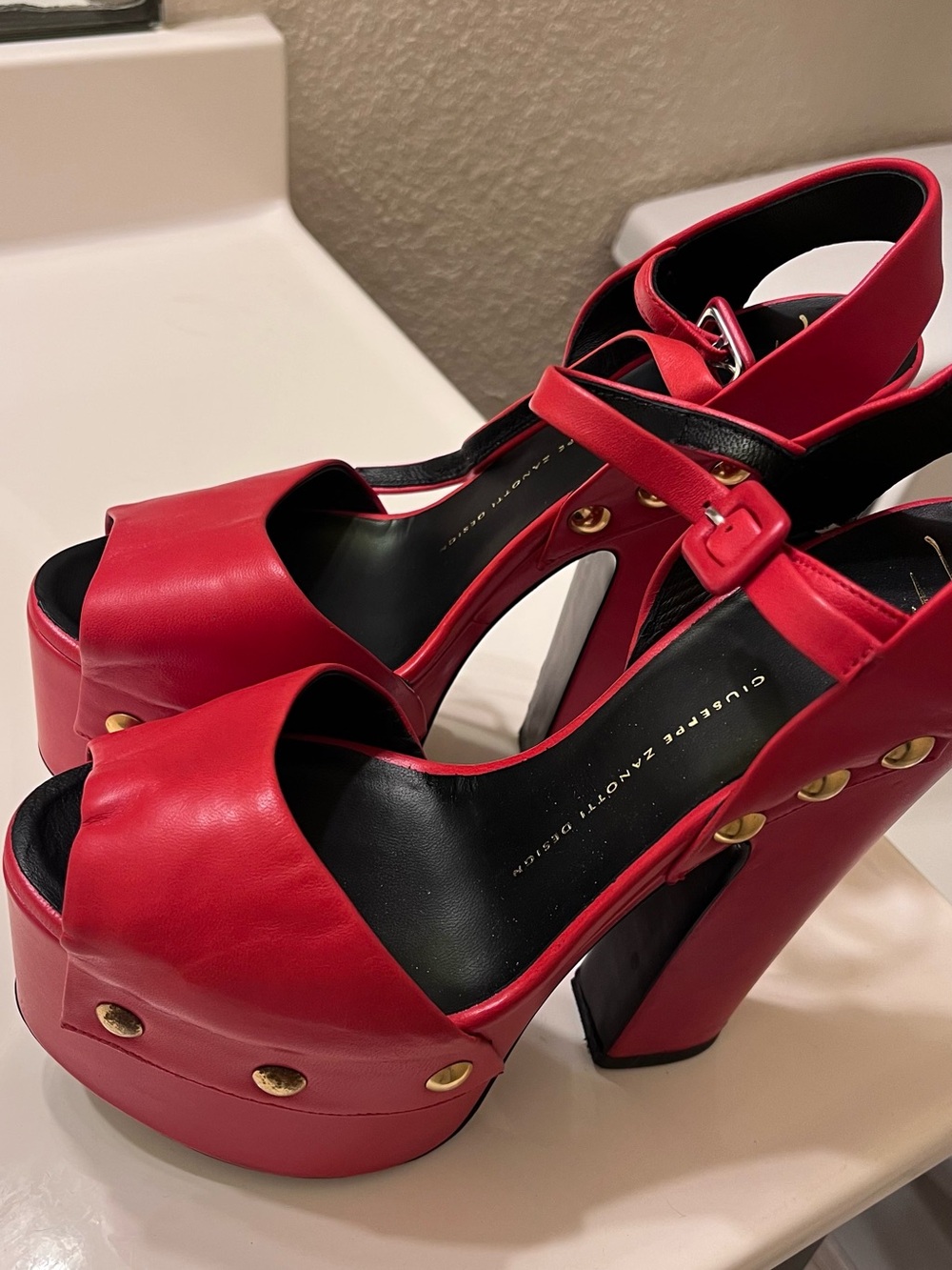 Vintage Guiseppe Zanotti Red Platform High-Heels with Gold Studs - Picture 3 of 6